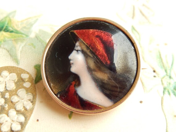 Antique French Enamel 14k Gold Portrait Pin