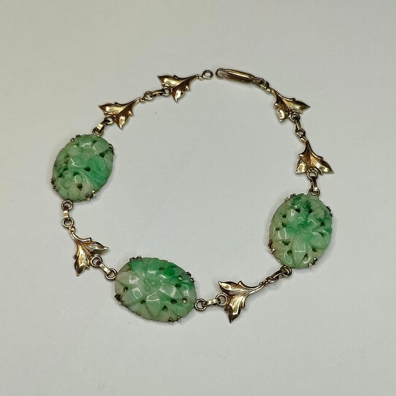 Antique Art Deco 10k Gold Carved Jade Link Bracele