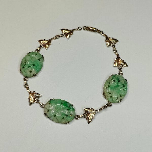 Antique Art Deco 10k Gold Carved Jade Link Bracelet