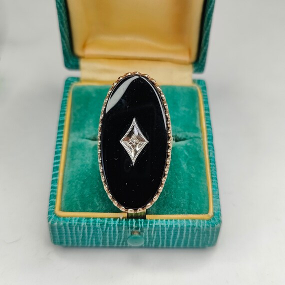 Vintage Art Deco 10k Gold Onyx Diamond Ring Sz 7.… - image 1