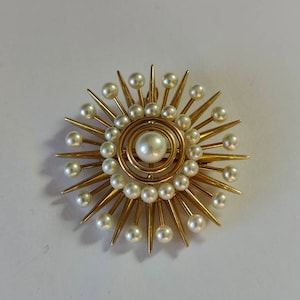 Antique Art Nouveau 14k Gold Pearl Star Burst Pin Pendant Signed