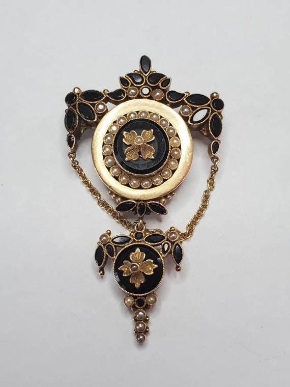 Amazing Antique Victorian 15k Gold Jet Seed Pearl 