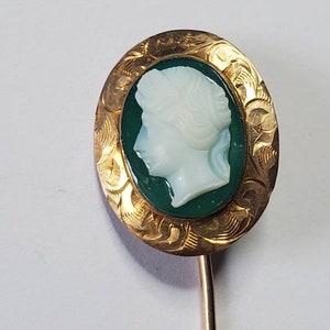 Antique 10k Gold Green Hardstone Cameo Stick Pin