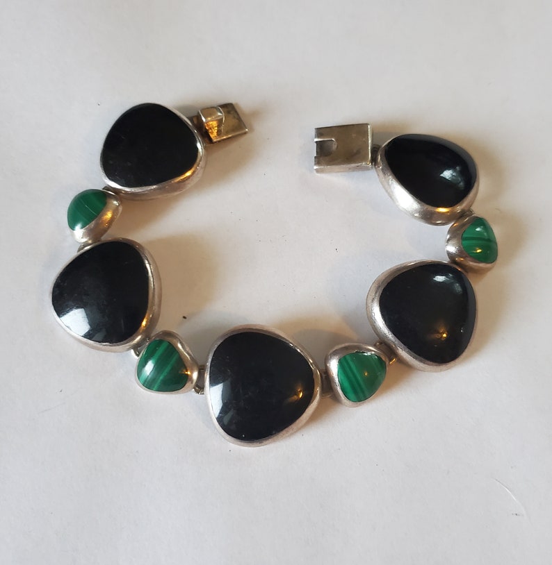 Vintage Taxco Mexico 950 Silver Malachite Onyx Link Bracelet