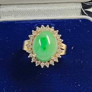 Vintage Retro 18k Gold Jade Caberchon Diamond Hali Ring Sz 4.5