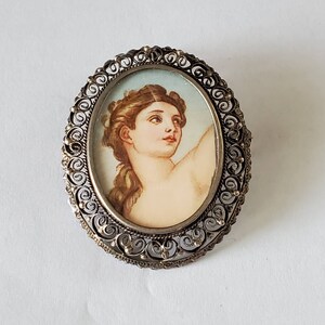 Vintage 800 Silver Filigree Painted Portriat Pin Pendant