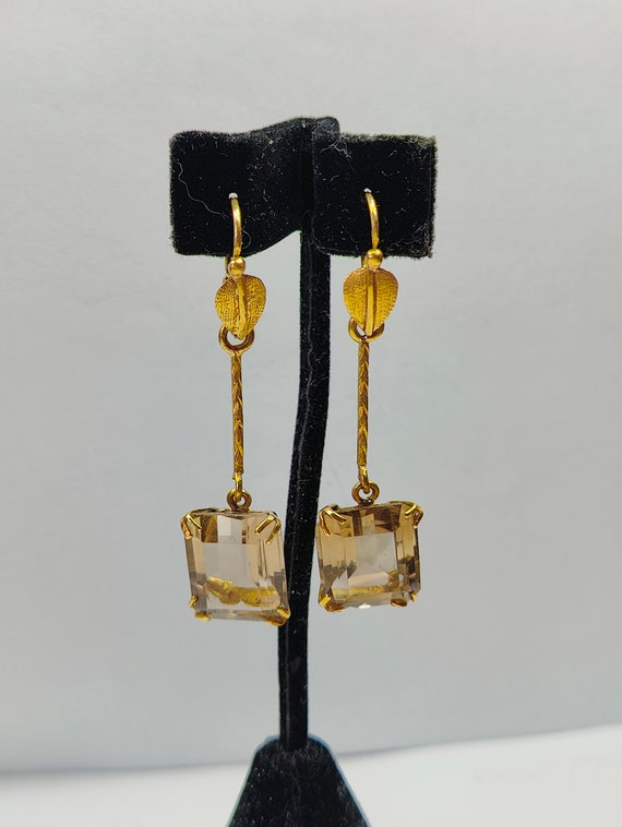 Vintage Retro 14k Gold Smokey Topaz Drop Earrings