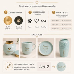 Peut inclure: Un graphique explicatif intitul&eacute; Make It Yours d&eacute;taillant les &eacute;tapes de personnalisation pour des objets grav&eacute;s. Il pr&eacute;sente des choix de couleurs, des symboles comme une patte, un c&oelig;ur et l'infini, ainsi qu'un pot, un mug, une assiette et un vase.