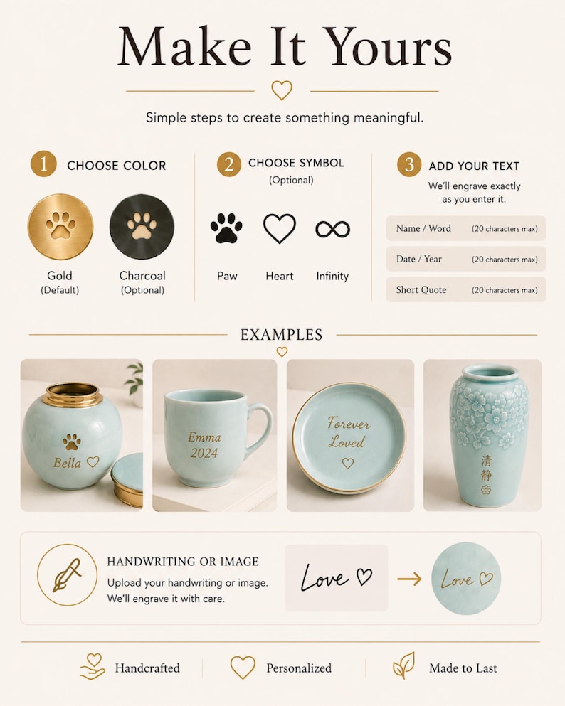 Peut inclure: Un graphique explicatif intitul&eacute; Make It Yours d&eacute;taillant les &eacute;tapes de personnalisation pour des objets grav&eacute;s. Il pr&eacute;sente des choix de couleurs, des symboles comme une patte, un c&oelig;ur et l'infini, ainsi qu'un pot, un mug, une assiette et un vase.