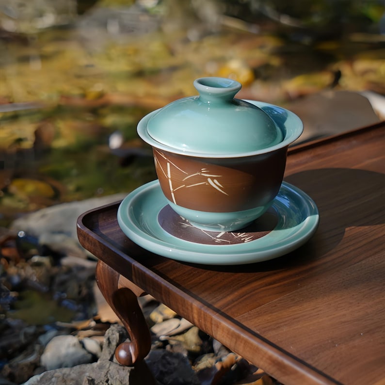 Gongfu Tea Set with Lid and Saucer – Oriental Chinese Tea Cup for Ceremony – Handmade Celadon Gaiwan – Zen Tea Gift Idea image 1