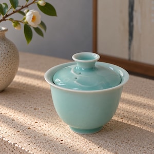 K&ouml;nnte beinhalten: Eine hellblaue Gaiwan-Teeschale aus Keramik mit passendem Deckel und einem kleinen knopff&ouml;rmigen Griff. Die Schale hat eine glatte, gl&auml;nzende Oberfl&auml;che und eine abgerundete Form, die zum Aufbr&uuml;hen von Tee konzipiert ist.