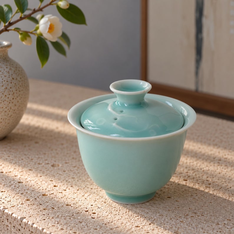K&ouml;nnte beinhalten: Eine hellblaue Gaiwan-Teeschale aus Keramik mit passendem Deckel und einem kleinen knopff&ouml;rmigen Griff. Die Schale hat eine glatte, gl&auml;nzende Oberfl&auml;che und eine abgerundete Form, die zum Aufbr&uuml;hen von Tee konzipiert ist.