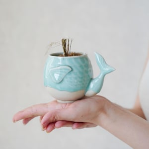 Celadon Fish Planter with Drainage – Handmade Green Ceramic Pot for Succulents or Herbs – Symbolic Feng Shui Gift