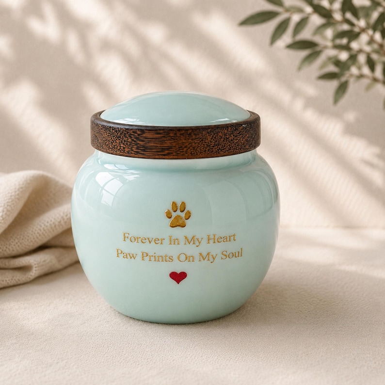 Peut inclure: Une urne en c&eacute;ramique bleu clair avec un couvercle en bois brun fonc&eacute;. L'avant pr&eacute;sente une empreinte de patte dor&eacute;e, le texte "Forever In My Heart Paw Prints On My Soul" en lettres dor&eacute;es et un petit c&oelig;ur rouge sous le texte.
