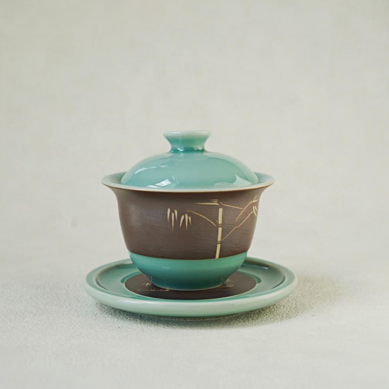 Gongfu Tea Set with Lid and Saucer – Oriental Chinese Tea Cup for Ceremony – Handmade Celadon Gaiwan – Zen Tea Gift Idea image 4