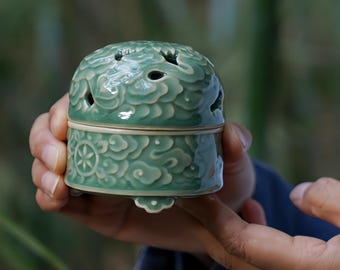 Round Incense Burner with Lid, Buddhist Celadon Ceramic Charcoal Pot for Sage