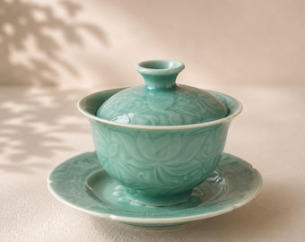 Celadon Gaiwan Tea Set – Hand-Carved Lotus, Gongfu Teacup