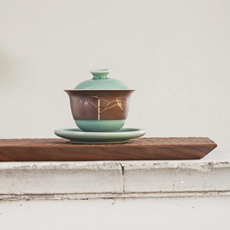 Gongfu Tea Set with Lid and Saucer – Oriental Chinese Tea Cup for Ceremony – Handmade Celadon Gaiwan – Zen Tea Gift Idea image 2
