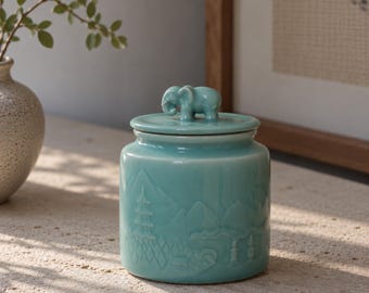 May include: A light turquoise ceramic jar with a matching lid topped by a small elephant figurine. The cylindrical body features a raised, embossed landscape design depicting mountains, trees, and pagodas in a monochromatic finish.