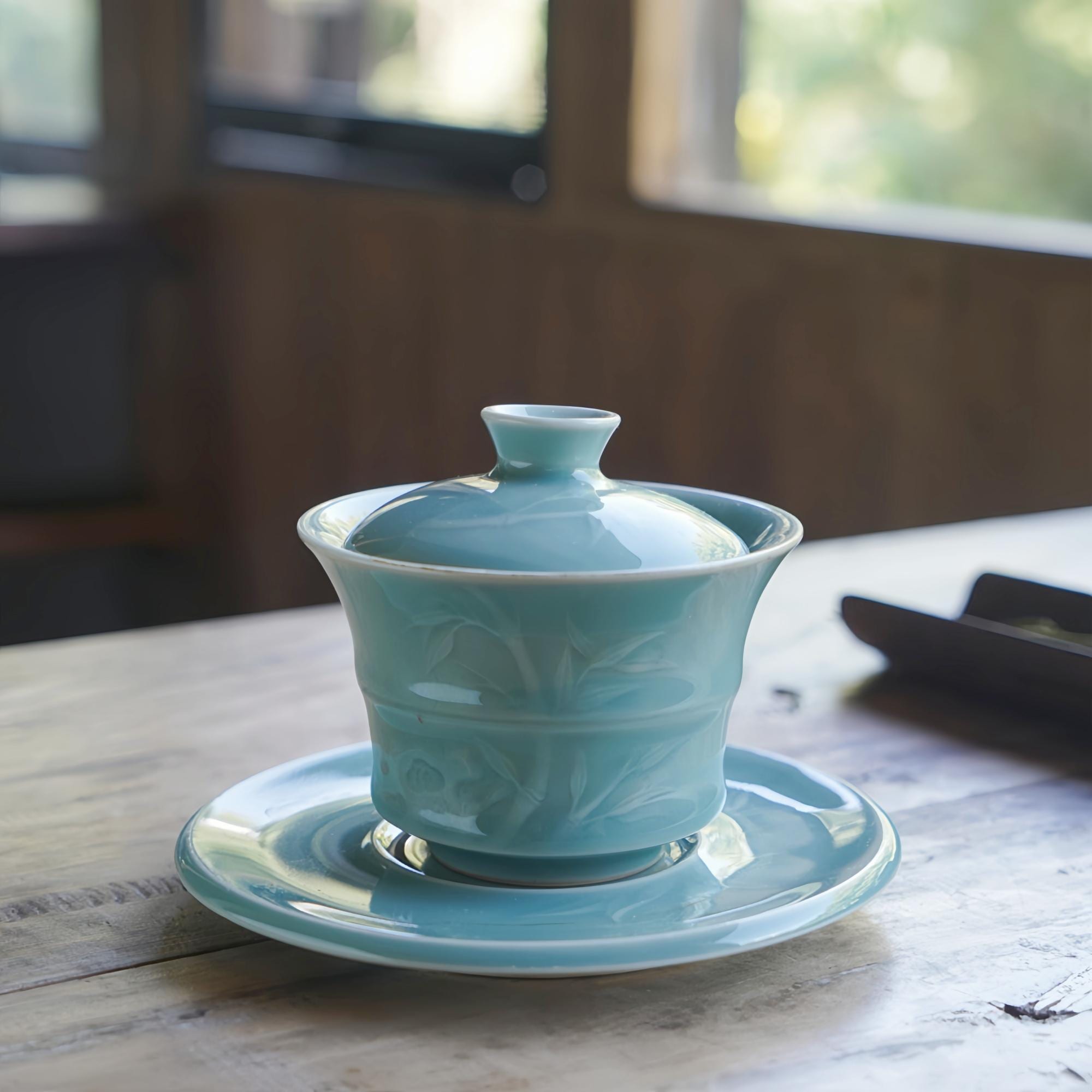 手描き彩釉 蓋碗 鳥竹文様 手描き彩釉 蓋碗 鳥竹文様