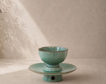 Celadon Gongfu Tea Cup with Saucer — Handmade Chawan Matcha Tasting Cup, Chinese Ceramic Teaware, Small Tea Ceremony Cup Gift
