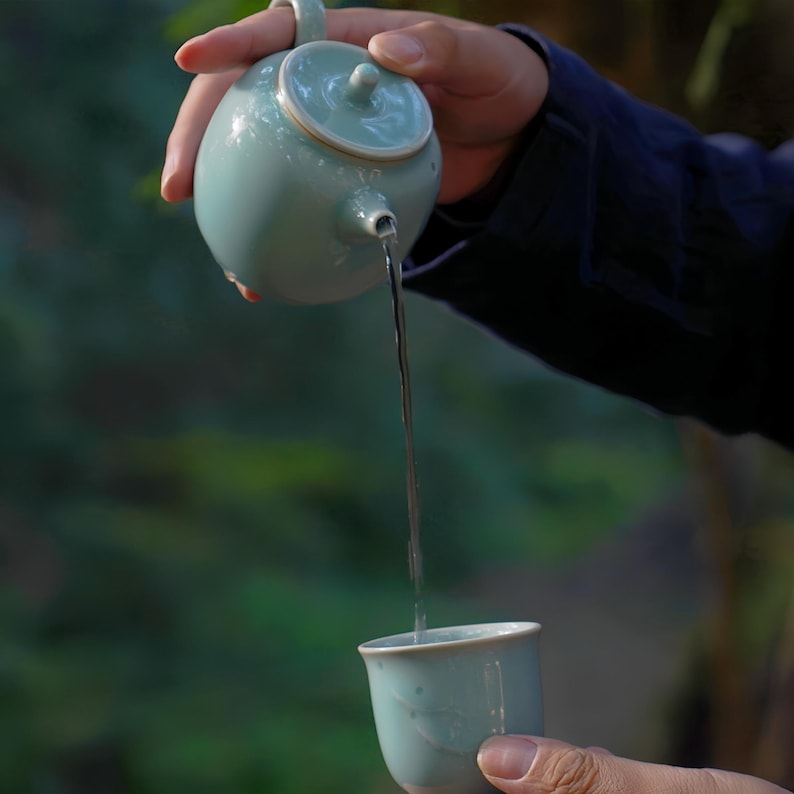 May include: A pale teal ceramic teapot pouring liquid into a matching teacup. The teapot has a rounded form with a lid and handle. The teacup is held in the foreground, with blurred green foliage in the background.