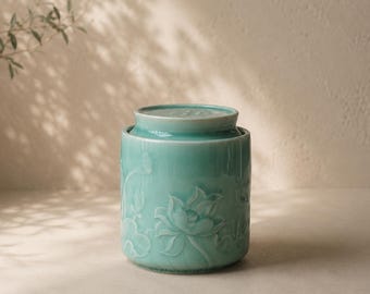 Tea Canister, Loose Leaf Storage, Airtight Lid, Lotus Celadon Ceramic