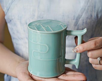 Handmade Longquan Celadon Mug | 12oz Ceramic Tea & Coffee Cup | Chinese Pottery | Unique Handle Design | Minimalist Zen Aesthetic Gift