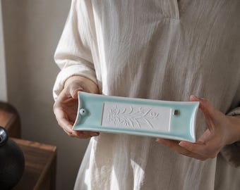 Long Incense Stick Holder, Personalized Celadon Ceramic Floral Tray for Meditation