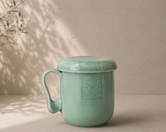 Celadon Tea Mug with Lid and Infuser | Handmade Pottery Mug