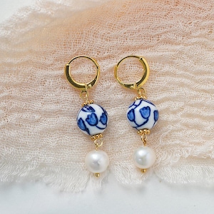 Lily of the Valley Blue and White Porcelain Earrings with Freshwater Pearls, Elegant Leverback Earrings