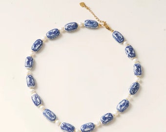 Blue and White Porcelain Choker - Handcrafted Good Luck Necklace with  Freshwater Pearls, Dainty & Auspicious Jewelry
