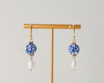 Four Leaf Clover Blue and White Porcelain Earrings, Freshwater Pearls, 14K Gold Leverback