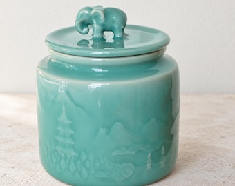 Ceramic Tea Caddy with Elephant Lid, Longquan Celadon Tea Canister