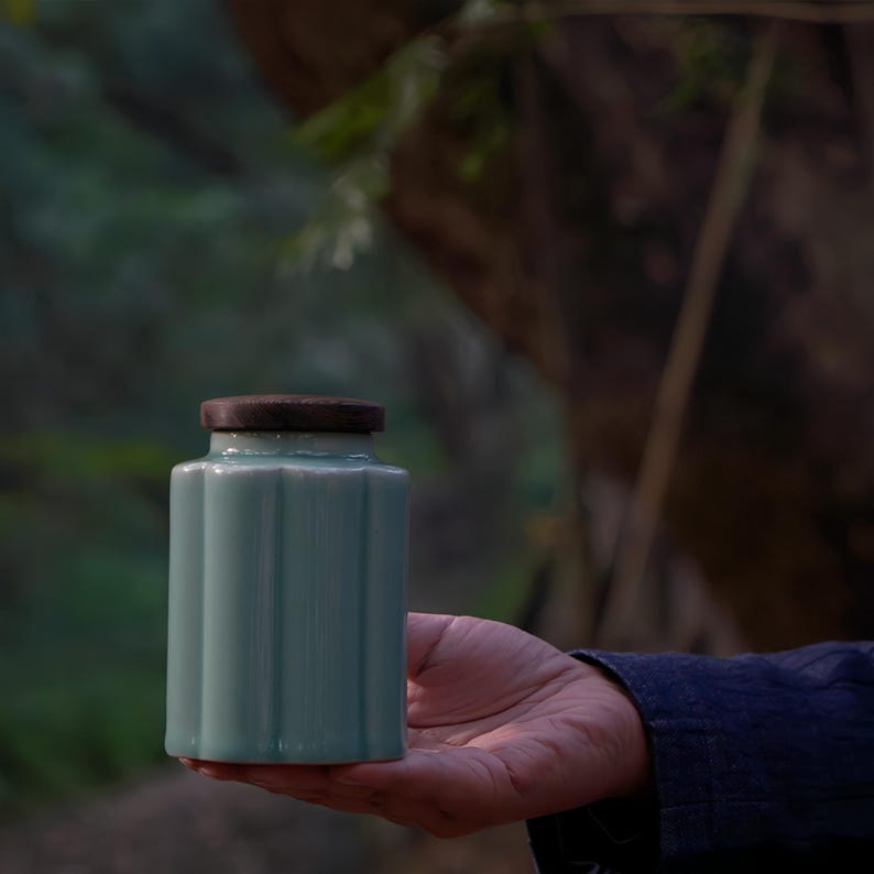 May include: A light teal ceramic jar with a dark brown wooden lid. The jar has a ribbed design and a glossy finish. The background is a blurred view of a natural outdoor setting.