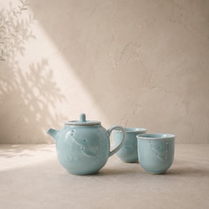 May include: A light blue ceramic teapot with a matching lid and two small teacups. The teapot and cups have a textured surface with a subtle embossed design. The set is displayed on a neutral surface.