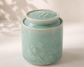 Custom Tea Canister, Lotus Celadon, Loose Leaf Storage, Engraved