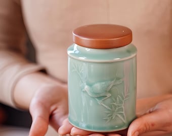 Handcrafted Jade Green Porcelain Jar – 300ML Tea, Coffee, or Spice Container with Carved Bamboo and Bird Design