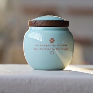 May include: A light blue ceramic pet urn with a wooden lid. The urn has a paw print and the text "No Longer By My Side But Forever In My Heart" in a light brown color.