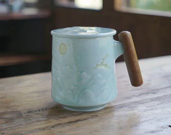 Deer Mug with Wooden Handle | Pottery Mug | Espresso Cup Gift