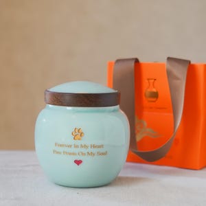 Personalized Ceramic Pet Urn, Dog Cat Memorial, Wooden Lid, Engraved image 3