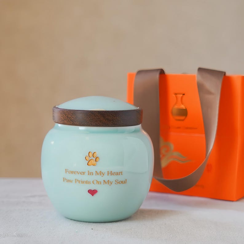 Personalized Ceramic Pet Urn, Dog Cat Memorial, Wooden Lid, Engraved image 3