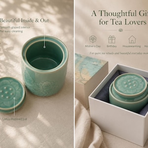 May include: A light green ceramic tea canister with a lotus-inspired lid and a smooth glazed interior. The canister is presented in a white gift box. Text on the image includes: Beautiful Inside & Out, A Thoughtful Gift for Tea Lovers.
