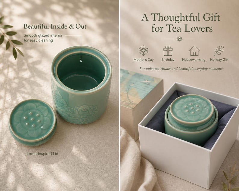 May include: A light green ceramic tea canister with a lotus-inspired lid and a smooth glazed interior. The canister is presented in a white gift box. Text on the image includes: Beautiful Inside & Out, A Thoughtful Gift for Tea Lovers.