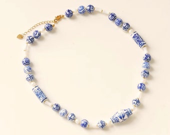 Elegant Blue and White Ceramic Choker Necklace， Delft Blue Inspired Ceramic Choker - Blue Beaded Necklace
