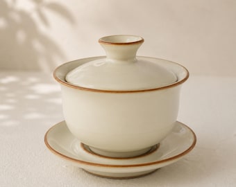 Handmade Ivory Porcelain Gaiwan – 180ml Gongfu Tea Cup Set, Longquan Celadon Style