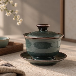 May include: A dark green ceramic gaiwan tea set featuring a lidded bowl and a matching saucer. The glaze has a subtle crackle texture with dark brown edges on the lid, rim, and base. The bowl has a wide, rounded body and a flared rim.