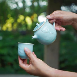May include: A pale blue ceramic teapot and teacup set. The teapot is pouring into the teacup. Both items feature a delicate floral pattern. The background is a blurred green, suggesting an outdoor setting.