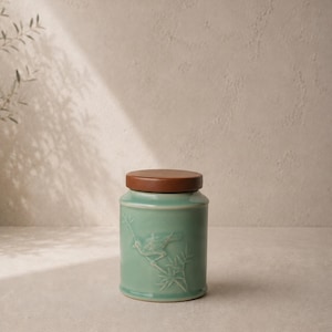 May include: A light green ceramic jar with a brown lid. The jar features an embossed design of a bird perched on a branch. The jar is cylindrical and sits on a neutral surface.