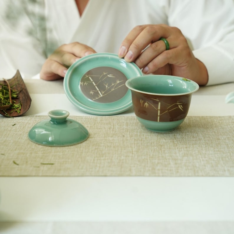 Gongfu Tea Set with Lid and Saucer – Oriental Chinese Tea Cup for Ceremony – Handmade Celadon Gaiwan – Zen Tea Gift Idea image 6